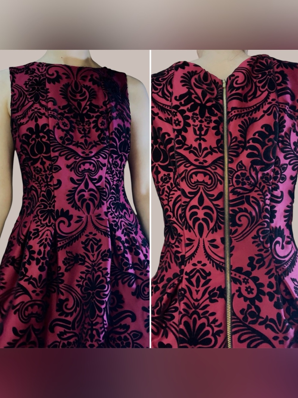 Sleeveless Red and Black Flocked Fit-and-Flare Dress